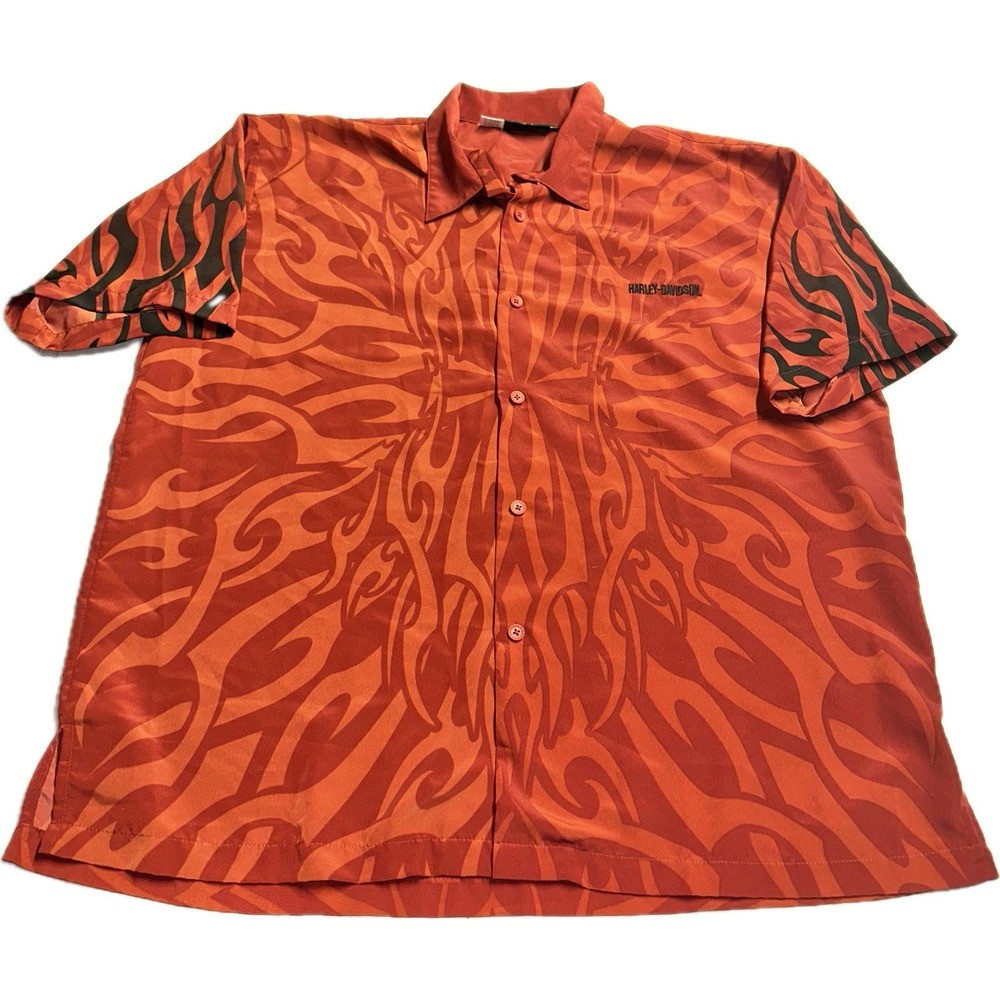 Harley Davidson Motorcycles Red Flames Casual Button Down Shirt Men's Size 3XL